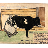 Work for the Night is Coming, Antique Hand-drawn Watercolor Postcard with Woman Milking Cow