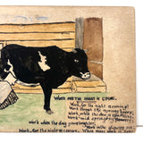 Work for the Night is Coming, Antique Hand-drawn Watercolor Postcard with Woman Milking Cow