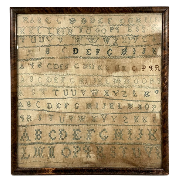Alphabets in Blue with Wavering Lines and Many Extra Tries, Early 19th C. Practice Sampler