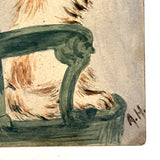 Eager Doggy in Green Chair, Antique British Watercolor Postcard