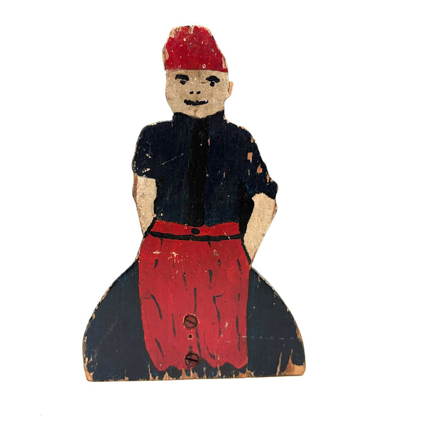 Punky Looking Boy in Blue and Red, c. 1930s Small Folk Art Doorstop