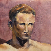 Large Watercolor Portrait of Intense Looking Man with Unfinished Hands