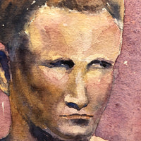 Large Watercolor Portrait of Intense Looking Man with Unfinished Hands
