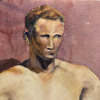 Large Watercolor Portrait of Intense Looking Man with Unfinished Hands