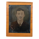 Man with Mustache, Full Plate Folk Art Tintype Mounted to Wood with Shoestring Hanger