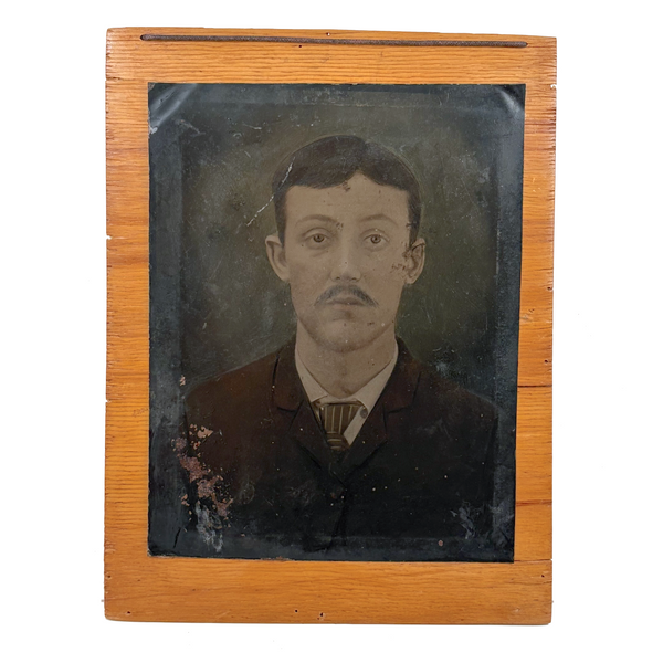 Man with Mustache, Full Plate Folk Art Tintype Mounted to Wood with Shoestring Hanger