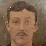 Man with Mustache, Full Plate Folk Art Tintype Mounted to Wood with Shoestring Hanger