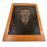 Man with Mustache, Full Plate Folk Art Tintype Mounted to Wood with Shoestring Hanger