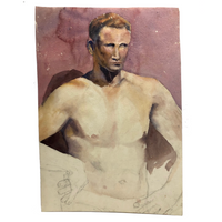 Large Watercolor Portrait of Intense Looking Man with Unfinished Hands