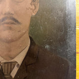 Man with Mustache, Full Plate Folk Art Tintype Mounted to Wood with Shoestring Hanger