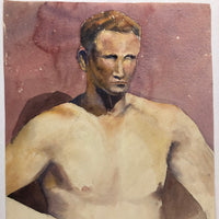 Large Watercolor Portrait of Intense Looking Man with Unfinished Hands
