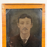 Man with Mustache, Full Plate Folk Art Tintype Mounted to Wood with Shoestring Hanger
