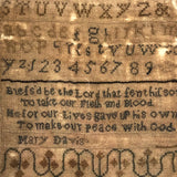 Mary Davis' Early Sampler with Flame Stitch, Alphabets, Flower and Verse