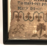 Mary Davis' Early Sampler with Flame Stitch, Alphabets, Flower and Verse