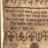 Mary Davis' Early Sampler with Flame Stitch, Alphabets, Flower and Verse