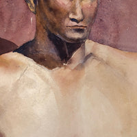 Large Watercolor Portrait of Intense Looking Man with Unfinished Hands
