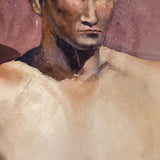 Large Watercolor Portrait of Intense Looking Man with Unfinished Hands