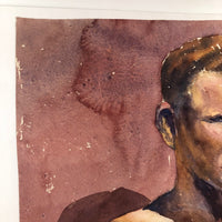 Large Watercolor Portrait of Intense Looking Man with Unfinished Hands