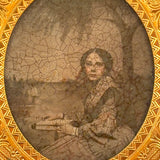 Young Woman with Book and Tree, Evocative Early, Hand-colored, Degraded Cased Ambrotype