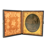 Young Woman with Book and Tree, Evocative Early, Hand-colored, Degraded Cased Ambrotype