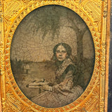 Young Woman with Book and Tree, Evocative Early, Hand-colored, Degraded Cased Ambrotype