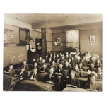 Antique Classroom Photo with Nun and Dog Drawing on Blackboard, Mounted