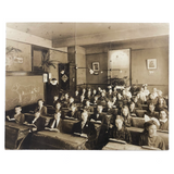 Antique Classroom Photo with Nun and Dog Drawing on Blackboard, Mounted