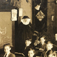 Antique Classroom Photo with Nun and Dog Drawing on Blackboard, Mounted