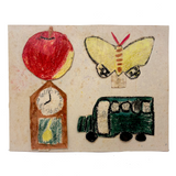 Apple, Butterfly, Clock, Bus (Driver?), Bright and Bold c. 1940s Japanese School Crayon Drawing