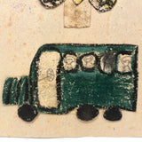 Apple, Butterfly, Clock, Bus (Driver?), Bright and Bold c. 1940s Japanese School Crayon Drawing