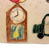 Apple, Butterfly, Clock, Bus (Driver?), Bright and Bold c. 1940s Japanese School Crayon Drawing