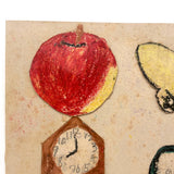 Apple, Butterfly, Clock, Bus (Driver?), Bright and Bold c. 1940s Japanese School Crayon Drawing
