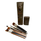 Beautiful Antique Tin Sleeve with Ultra Painterly Patina, Filled with Brushes as Found