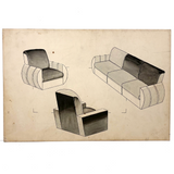Deco Sofa and Two Chairs, c. 1930s-40s Ink and Ink Wash Rendering on Board