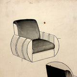 Deco Sofa and Two Chairs, c. 1930s-40s Ink and Ink Wash Rendering on Board
