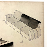 Deco Sofa and Two Chairs, c. 1930s-40s Ink and Ink Wash Rendering on Board