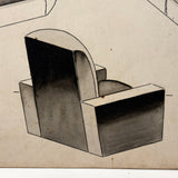 Deco Sofa and Two Chairs, c. 1930s-40s Ink and Ink Wash Rendering on Board