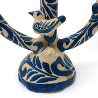 Blue and White Painted Vintage Mexican Folk Art Pottery Candleholder with Birds
