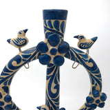 Blue and White Painted Vintage Mexican Folk Art Pottery Candleholder with Birds