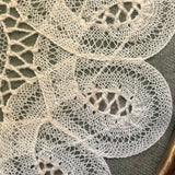 Woman with Lace Making Pillow, Self-Referential Antique Bobbin Lace Doily in Original Frame