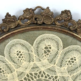 Woman with Lace Making Pillow, Self-Referential Antique Bobbin Lace Doily in Original Frame