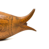 Many Mouthed 19th Century Treen Fish Shaped Snuff Box with Finely Incised Decoration and Hinged Belly