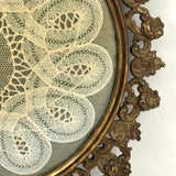 Woman with Lace Making Pillow, Self-Referential Antique Bobbin Lace Doily in Original Frame