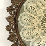 Woman with Lace Making Pillow, Self-Referential Antique Bobbin Lace Doily in Original Frame