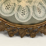 Woman with Lace Making Pillow, Self-Referential Antique Bobbin Lace Doily in Original Frame