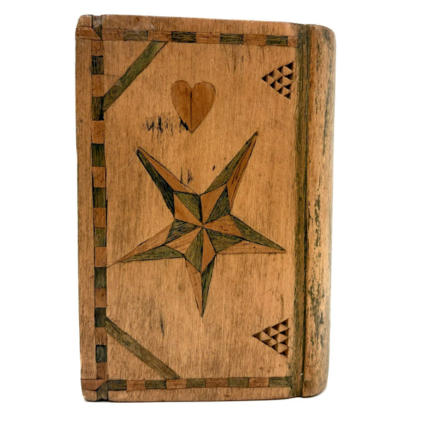 SOLD 19th Century Book Shaped Spruce Gum Box with wonderful Inlays and Chip Carving (No Slide)