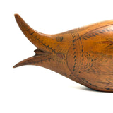 Many Mouthed 19th Century Treen Fish Shaped Snuff Box with Finely Incised Decoration and Hinged Belly