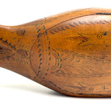 Many Mouthed 19th Century Treen Fish Shaped Snuff Box with Finely Incised Decoration and Hinged Belly