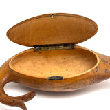 Many Mouthed 19th Century Treen Fish Shaped Snuff Box with Finely Incised Decoration and Hinged Belly