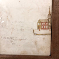 Houses, Trees, Church: Early 1800s Notebook Page with Watercolors in Double Sided Frame